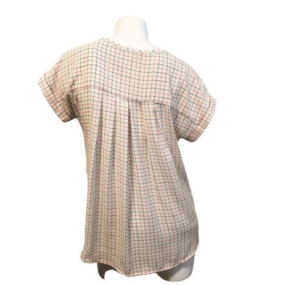 Pleione Blouse Popover Top Size S Cuffed Short Sleeve Red & Black Stitch Print - Picture 4 of 6